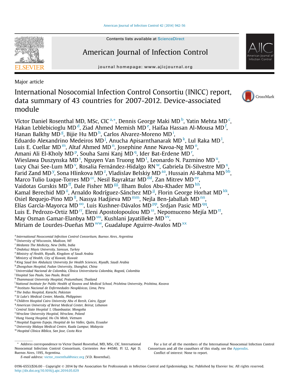 International Nosocomial Infection Control Consortiu (INICC) Report, Data Summary of 43 Countries for 2007-2012