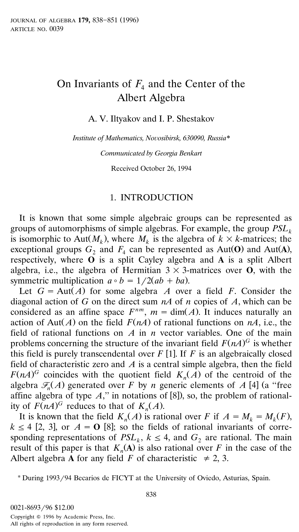 On Invariants of F4 and the Center of the Albert Algebra