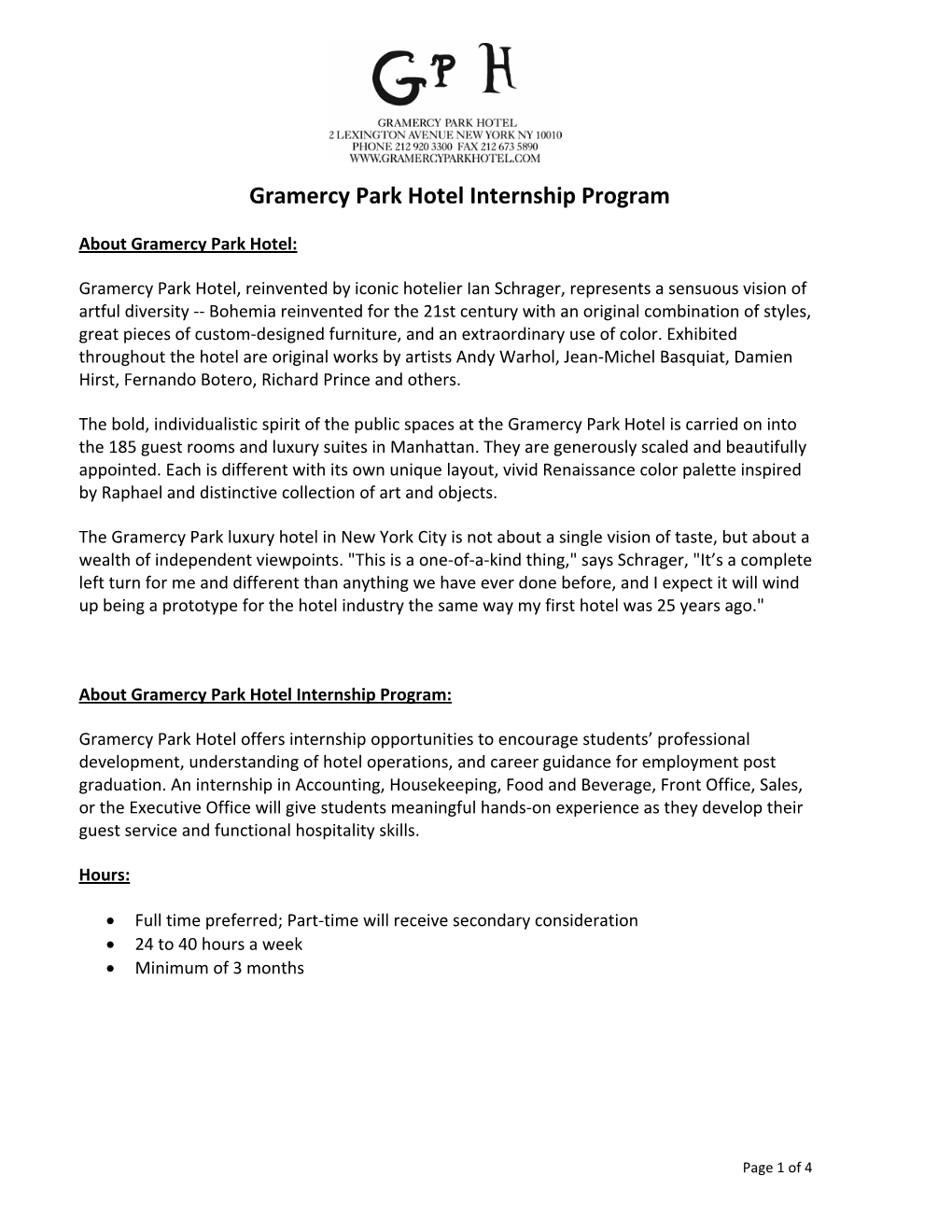 Gramercy Park Hotel Internship Program