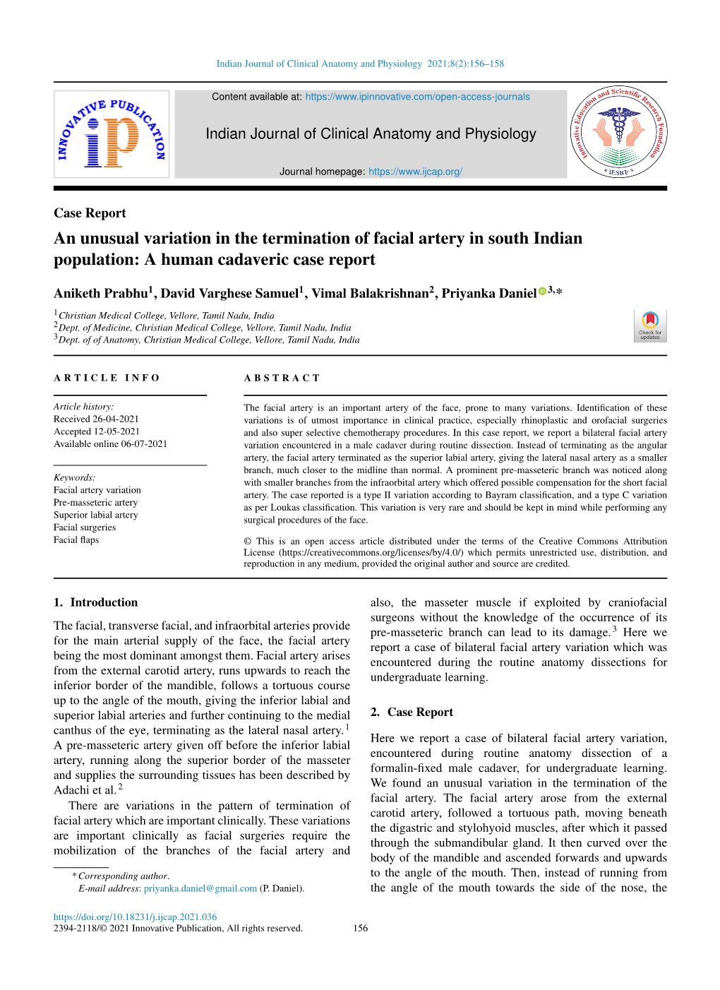 An Unusual Variation in the Termination of Facial Artery in South Indian Population: a Human Cadaveric Case Report