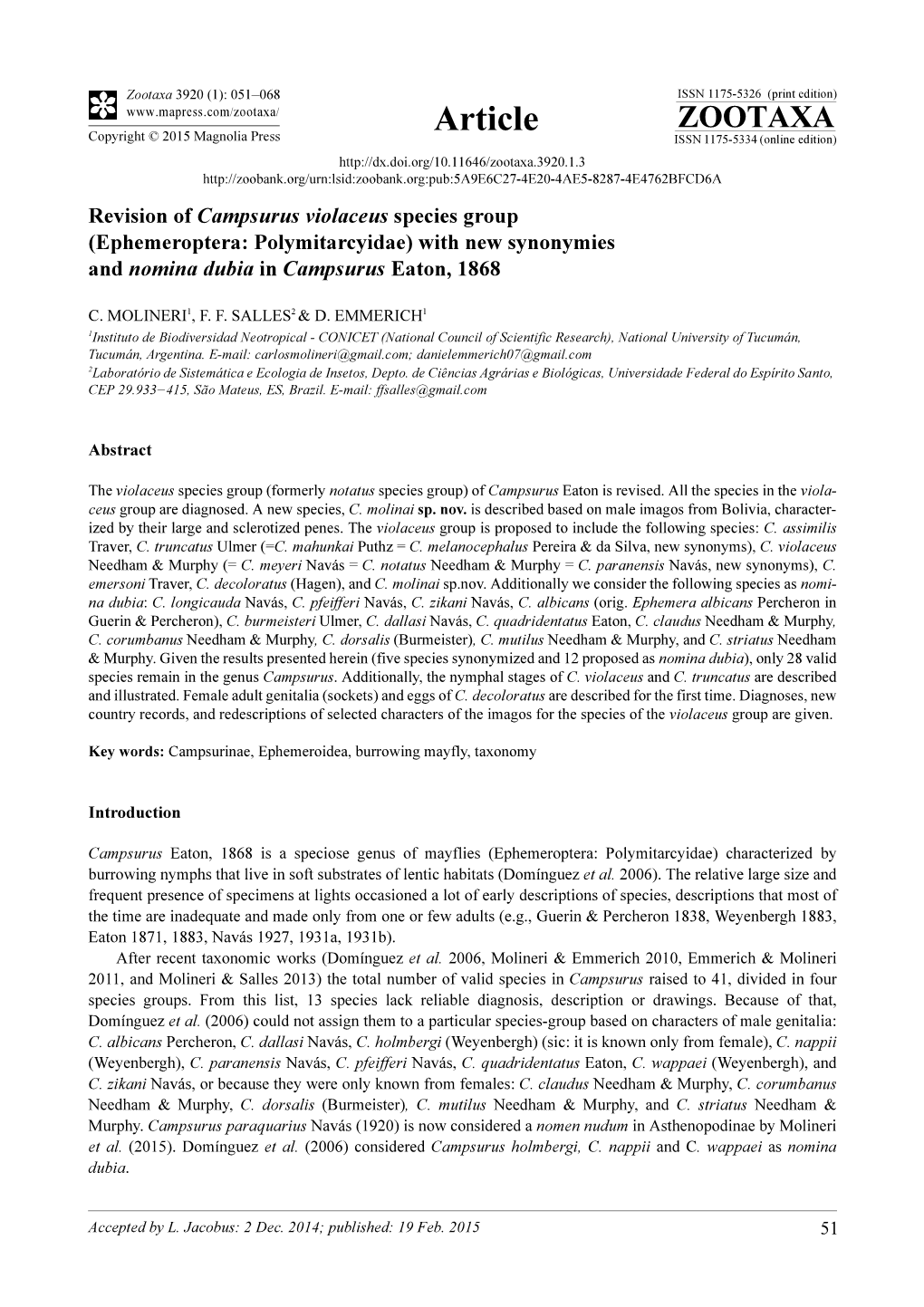 Ephemeroptera: Polymitarcyidae) with New Synonymies and Nomina Dubia in Campsurus Eaton, 1868