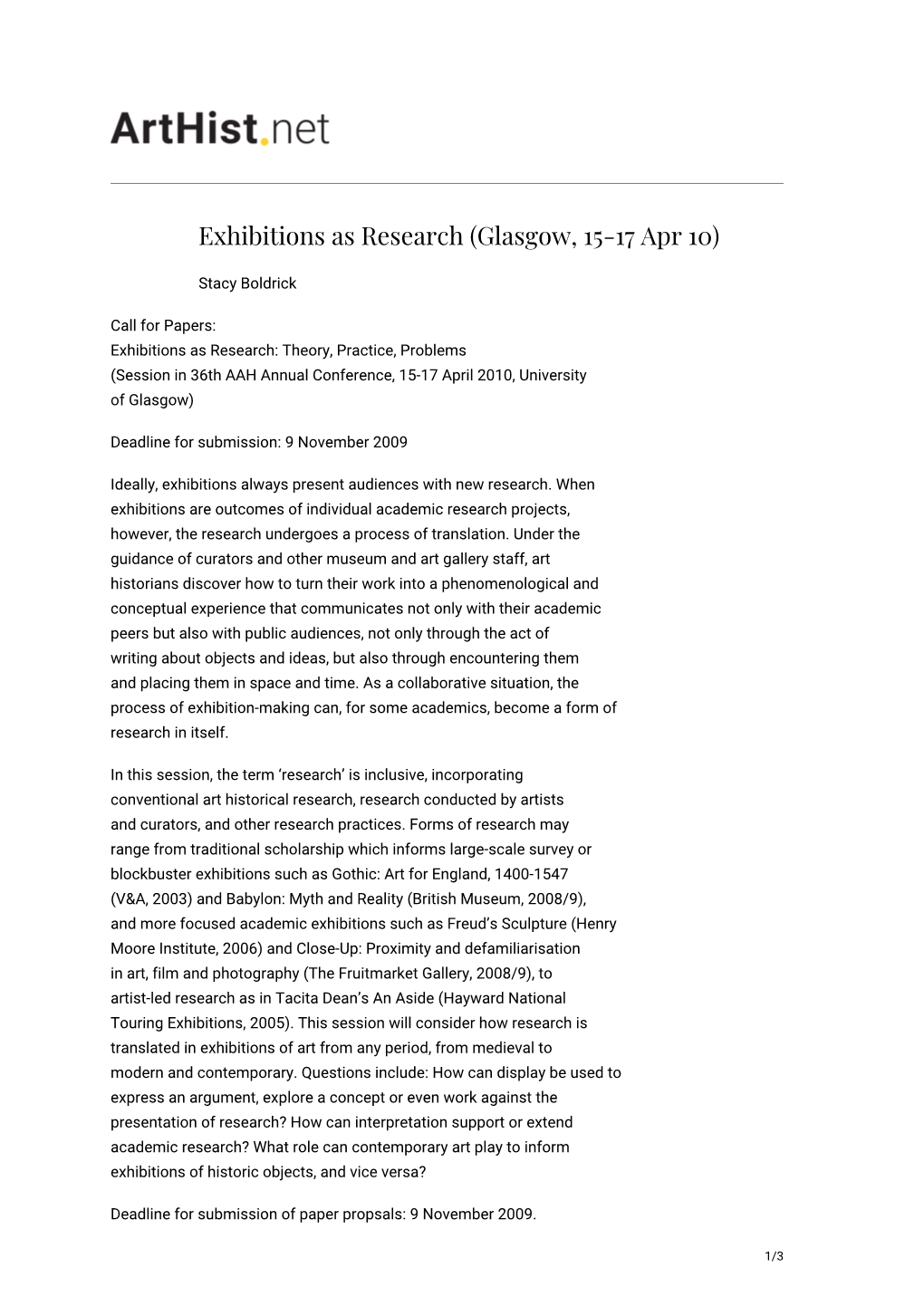 Exhibitions As Research (Glasgow, 15-17 Apr 10)