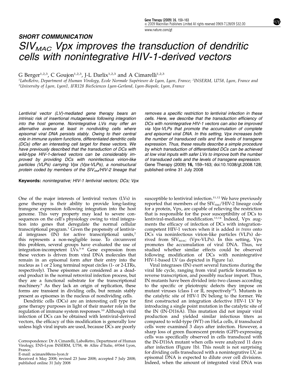 SIVMAC Vpx Improves the Transduction of Dendritic Cells with Nonintegrative HIV-1-Derived Vectors