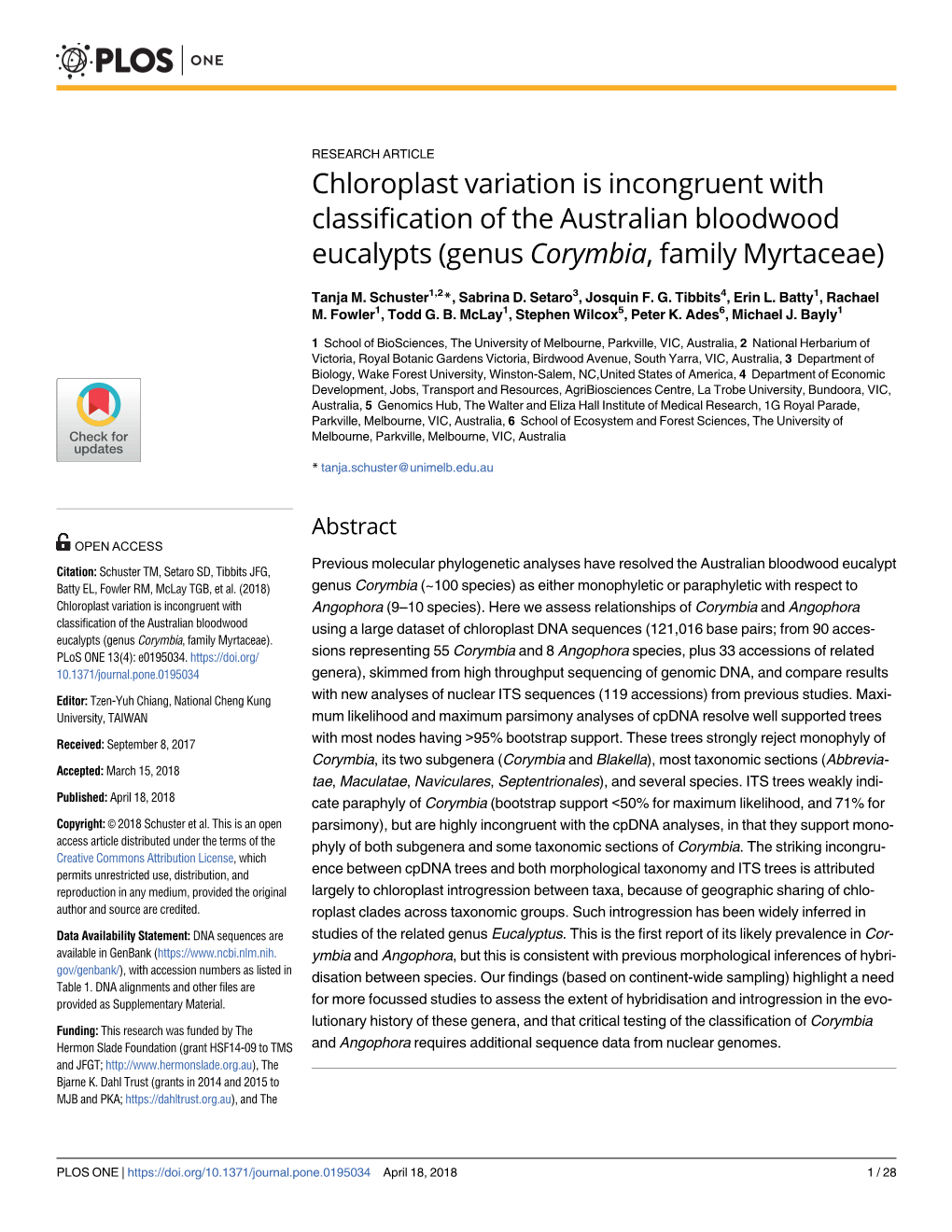 Chloroplast Variation Is Incongruent with Classification of the Australian Bloodwood Eucalypts (Genus Corymbia, Family Myrtaceae)