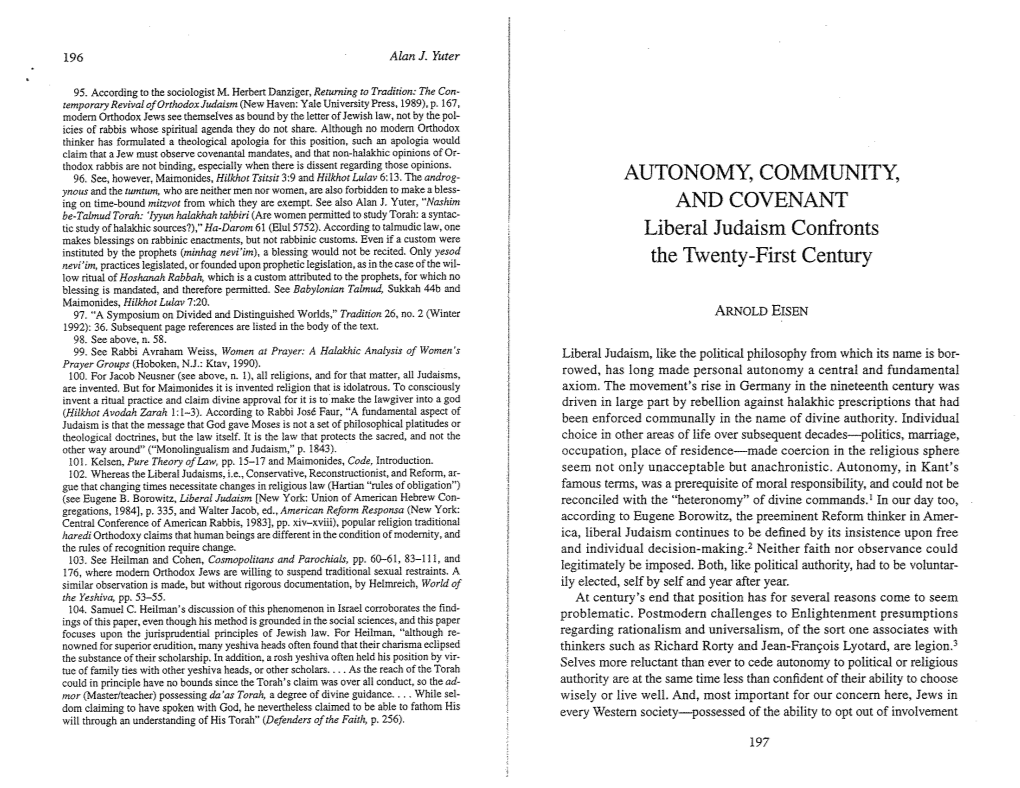 AUTONOMY, COMMUNITY, and COVENANT Liberal Judaism