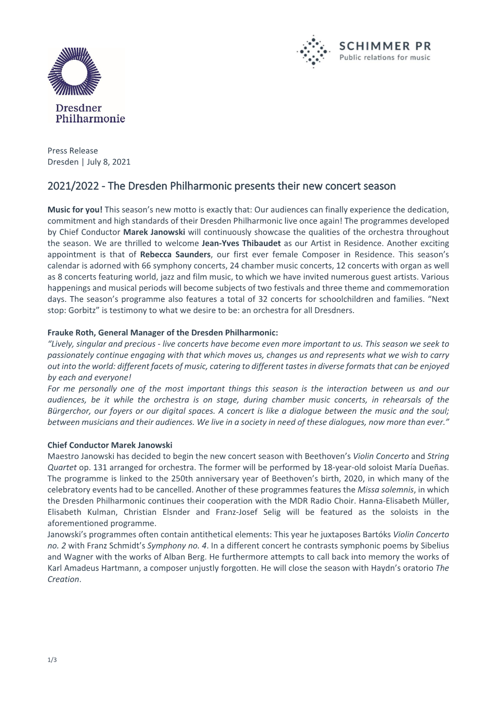 2021/2022 - the Dresden Philharmonic Presents Their New Concert Season