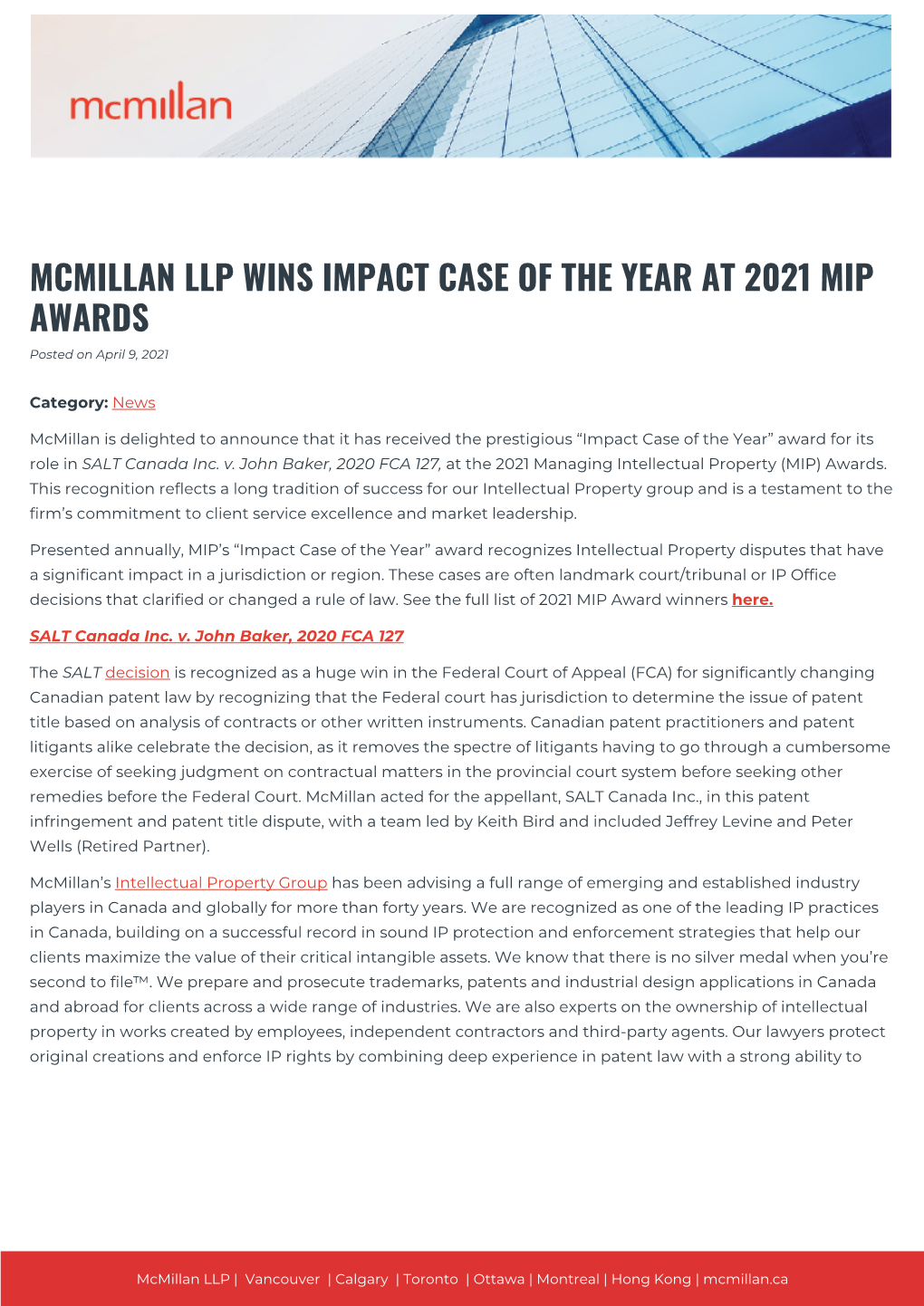 MCMILLAN LLP WINS IMPACT CASE of the YEAR at 2021 MIP AWARDS Posted on April 9, 2021