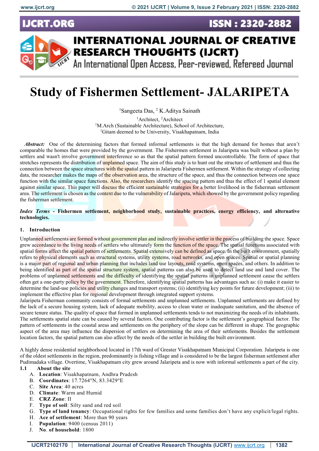 Study of Fishermen Settlement- JALARIPETA