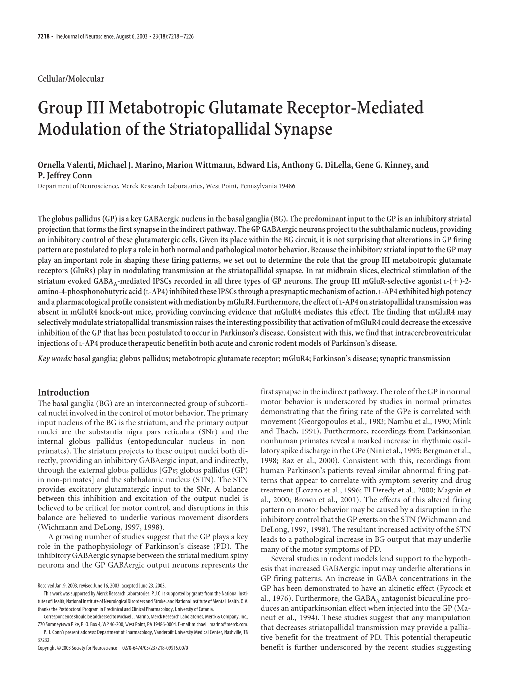 Group III Metabotropic Glutamate Receptor-Mediated Modulation of the Striatopallidal Synapse