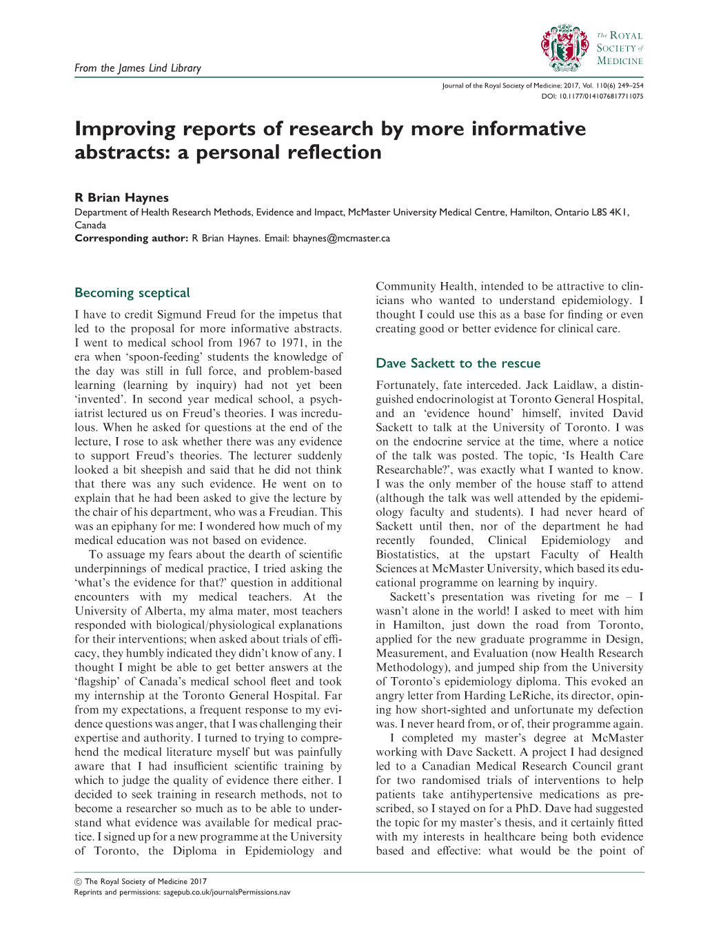 Improving Reports of Research by More Informative Abstracts: a Personal Reflection