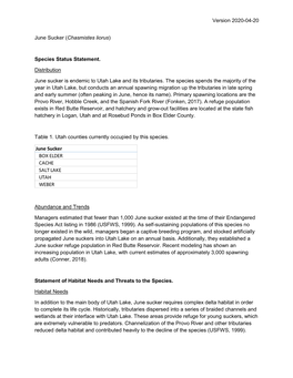 Version 2020-04-20 June Sucker (Chasmistes Liorus) Species Status