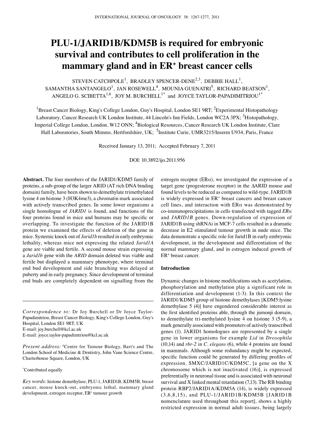 Plu-1/Jarid1b/Kdm5b Is Required for Embryonic Survival and Contributes to Cell Proliferation in the Mammary Gland and in ER+ Breast Cancer Cells