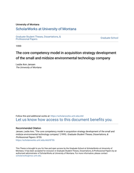 The Core Competency Model in Acquisition Strategy Development of the Small and Midsize Environmental Technology Company