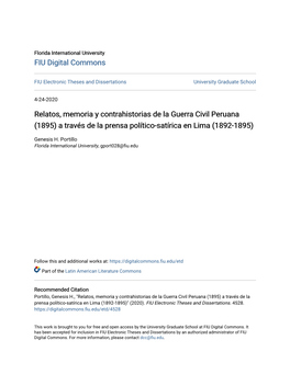Relatos, Memoria Y Contrahistorias De La Guerra Civil Peruana (1895) a Través De La Prensa Político-Satírica En Lima (1892-1895)