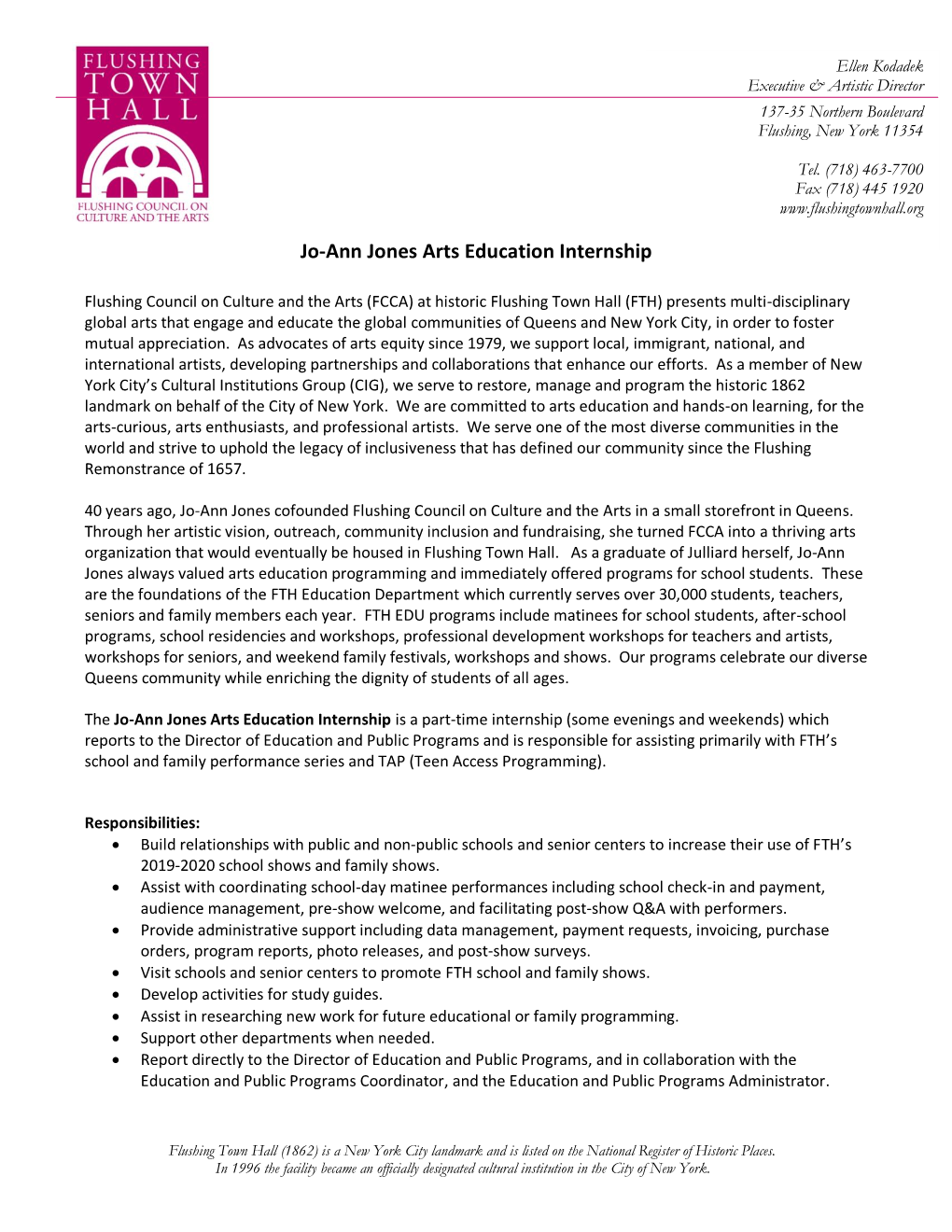 Flushing Town Hall- Jo Ann Jones Arts Education Internship