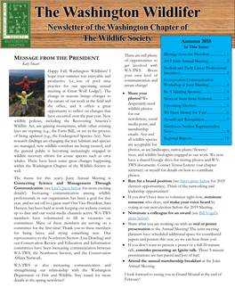 THE WASHINGTON WILDLIFER Wildlifer FALL 2018 Newsletter of the Washington Chapter Of