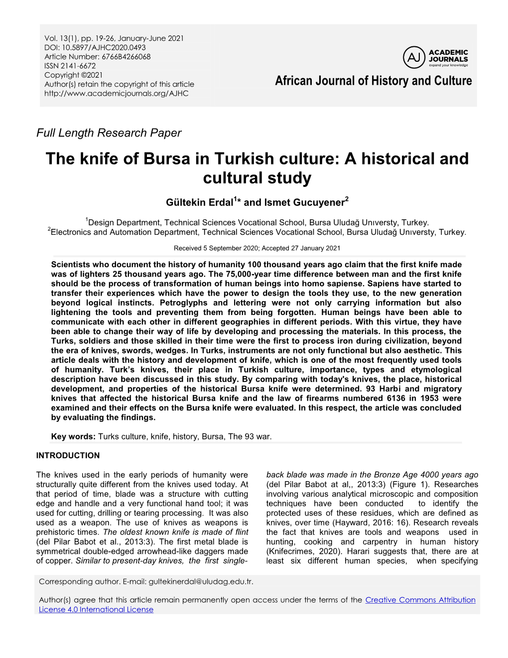 The Knife of Bursa in Turkish Culture: a Historical and Cultural Study