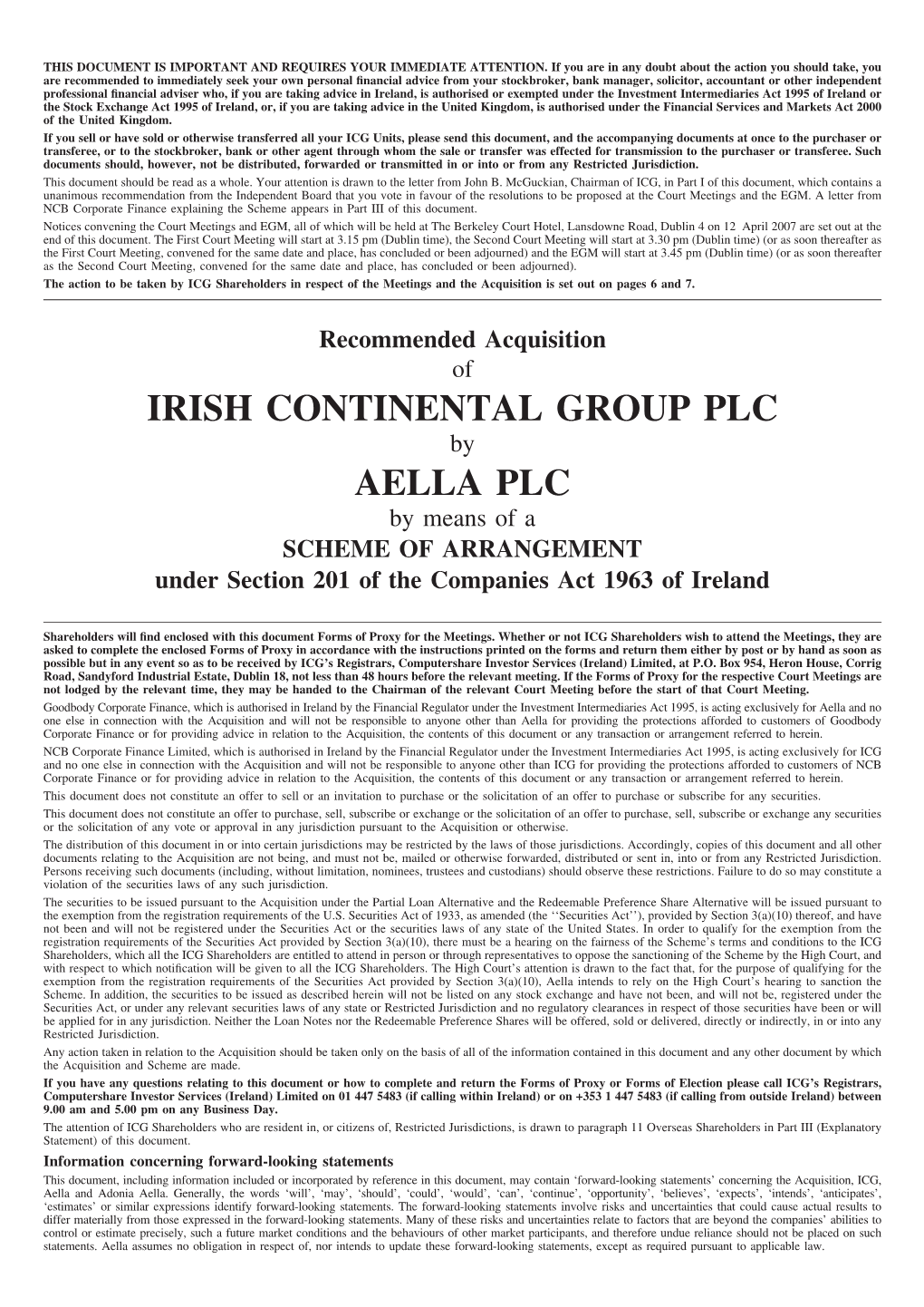 Recommended Acquisition of ICG PLC by Aella