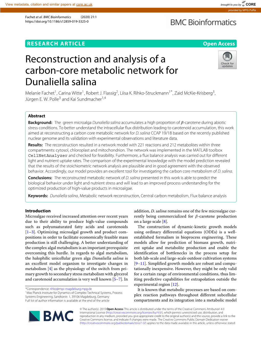 Reconstruction and Analysis of a Carbon-Core Metabolic Network for Dunaliella Salina Melanie Fachet1, Carina Witte1, Robert J