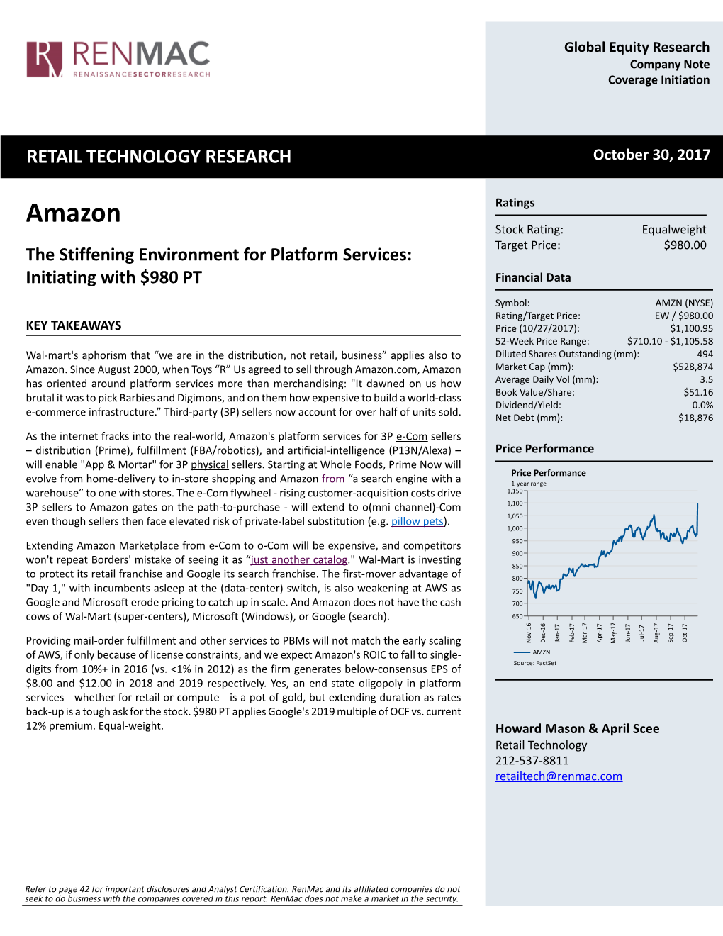 Amazon Ratings Stock Rating: Equalweight Target Price: $980.00 the Stiffening Environment for Platform Services: Initiating with $980 PT Financial Data