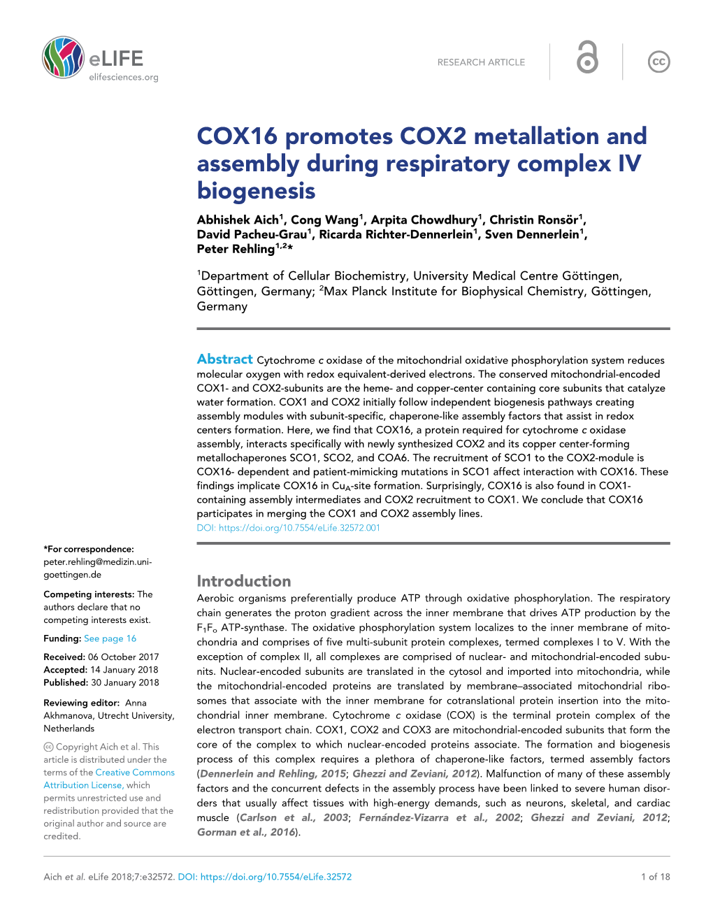 COX16 Promotes COX2 Metallation and Assembly During Respiratory