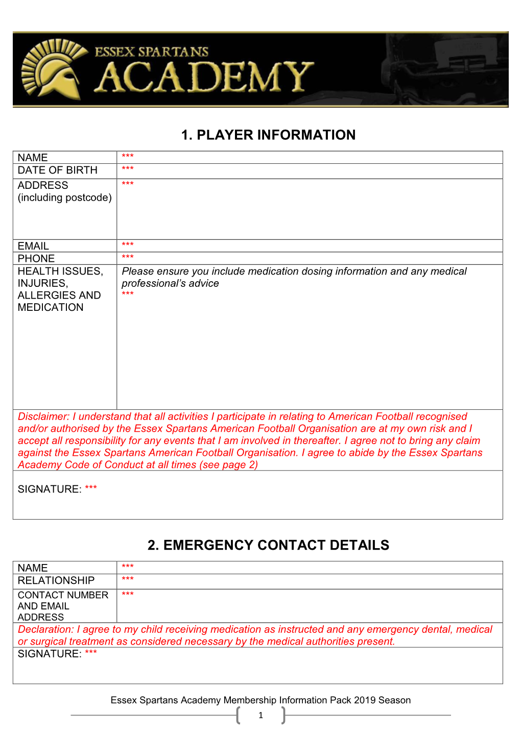 1. Player Information 2. Emergency Contact Details