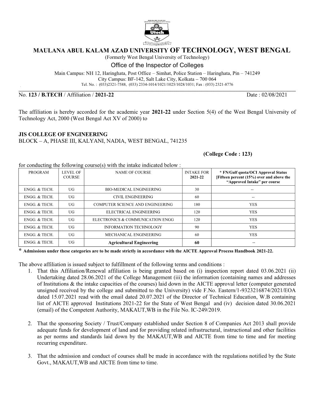 MAULANA ABUL KALAM AZAD UNIVERSITY of TECHNOLOGY, WEST BENGAL Office of the Inspector of Colleges