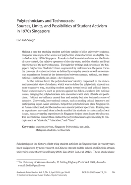 Polytechnicians and Technocrats: Sources, Limits, and Possibilities of Student Activism in 1970S Singapore