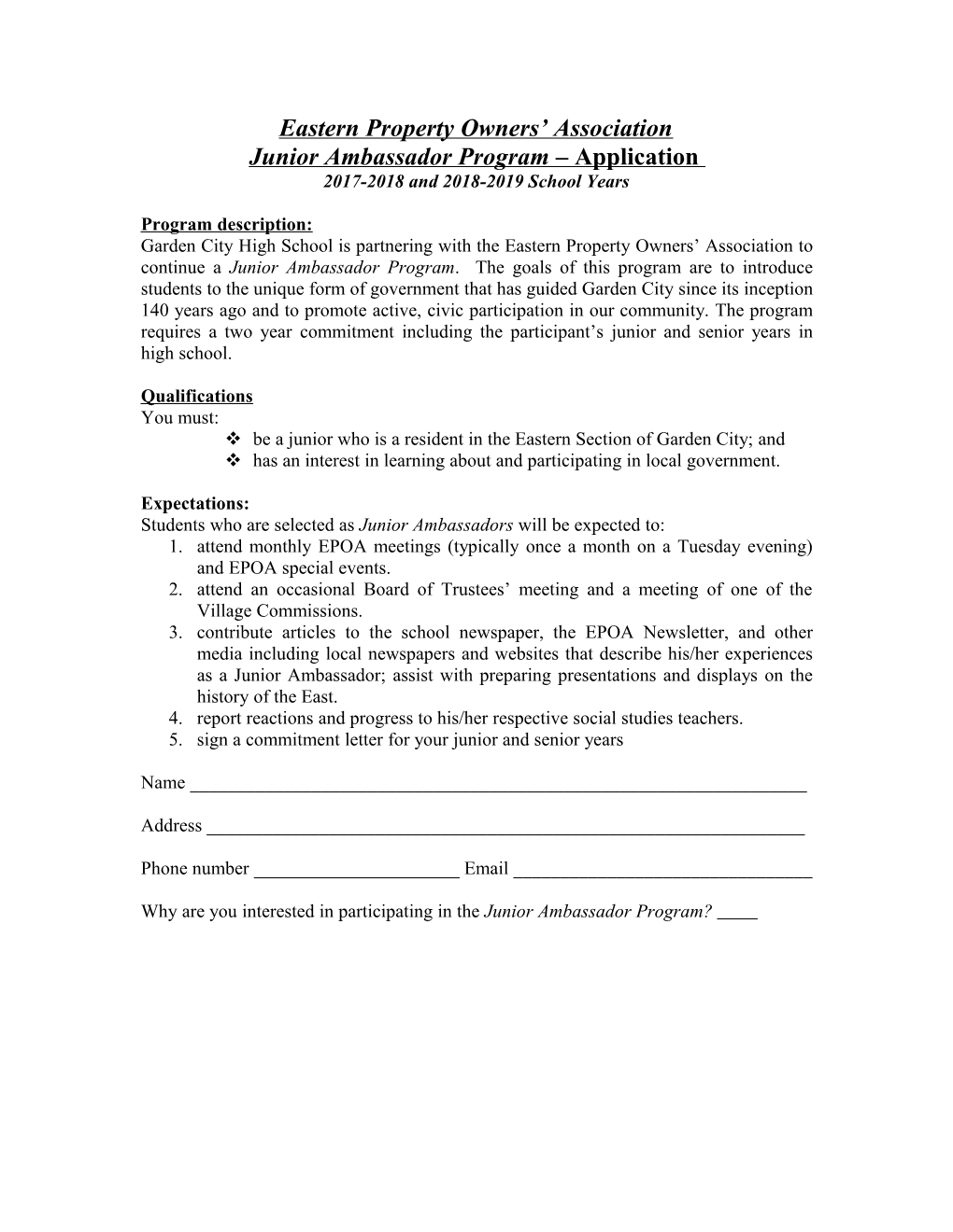 Junior Ambassador Pilot Program Application