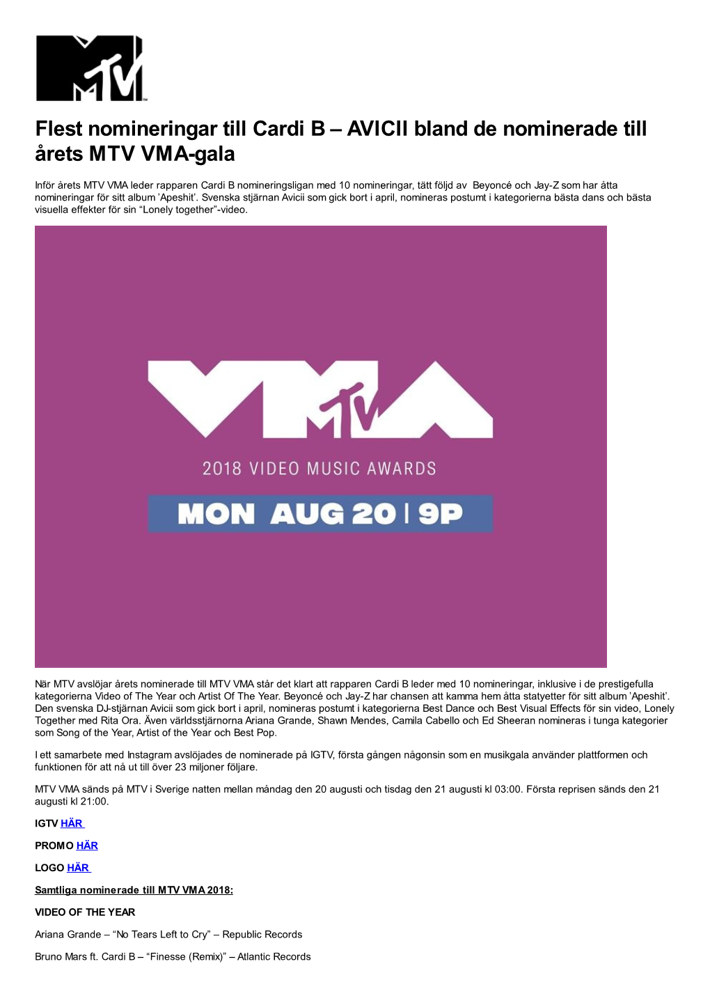 AVICII Bland De Nominerade Till Årets MTV VMA-Gala