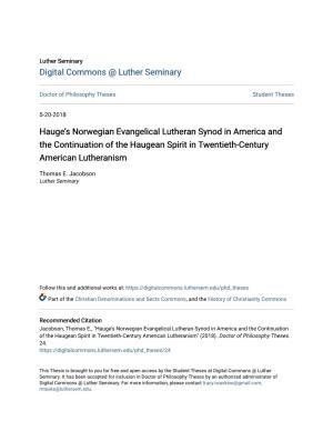 Hauge's Norwegian Evangelical Lutheran Synod in America and the Continuation of the Haugean Spirit in Twentieth-Century Americ
