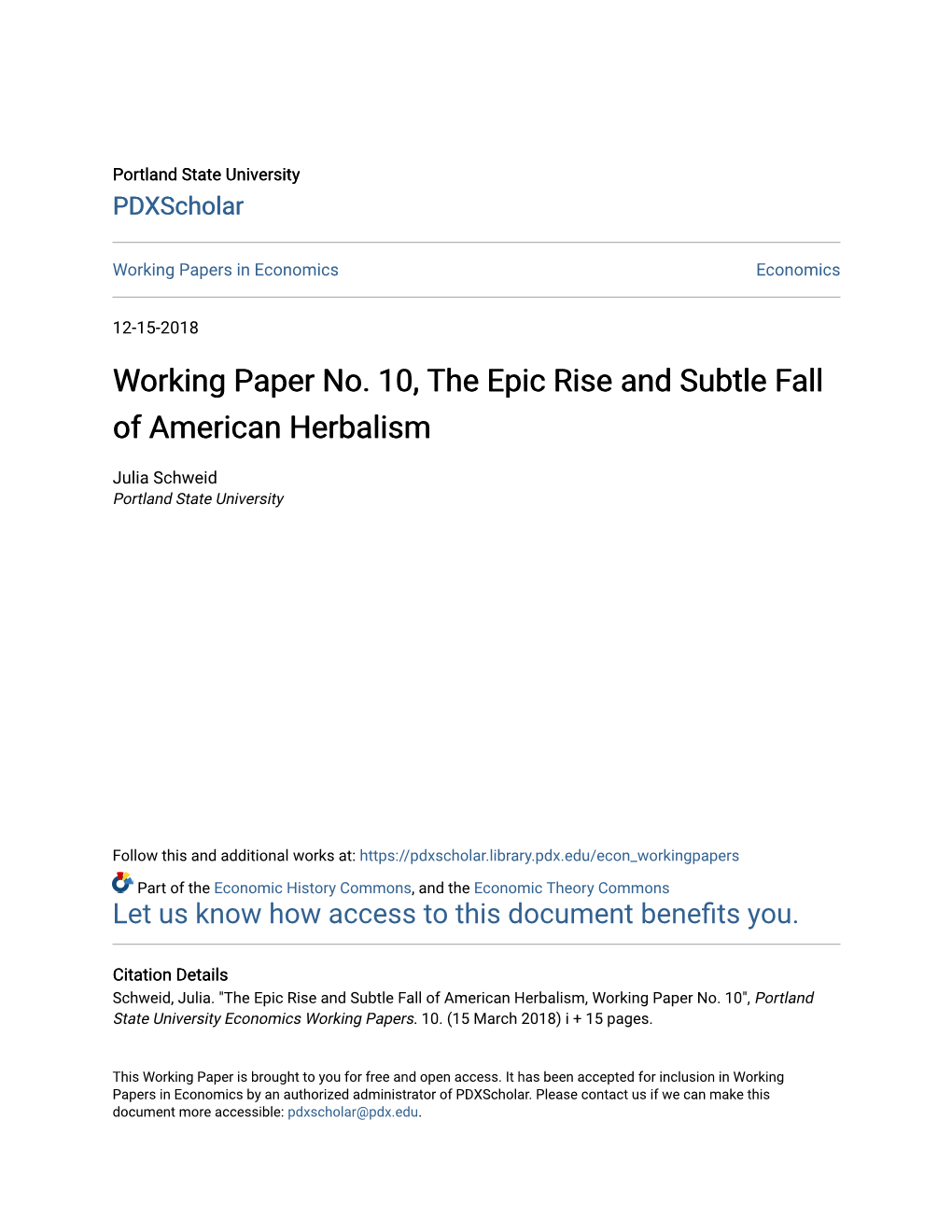 Working Paper No. 10, the Epic Rise and Subtle Fall of American Herbalism