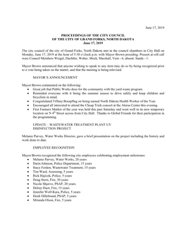 PROCEEDINGS of the CITY COUNCIL of the CITY of GRAND FORKS, NORTH DAKOTA June 17, 2019