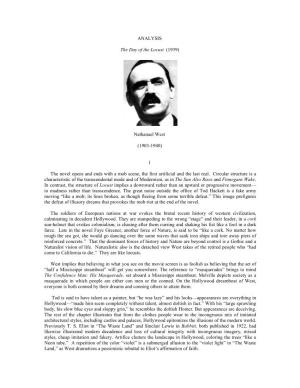 ANALYSIS the Day of the Locust (1939) Nathanael West (1903-1940)