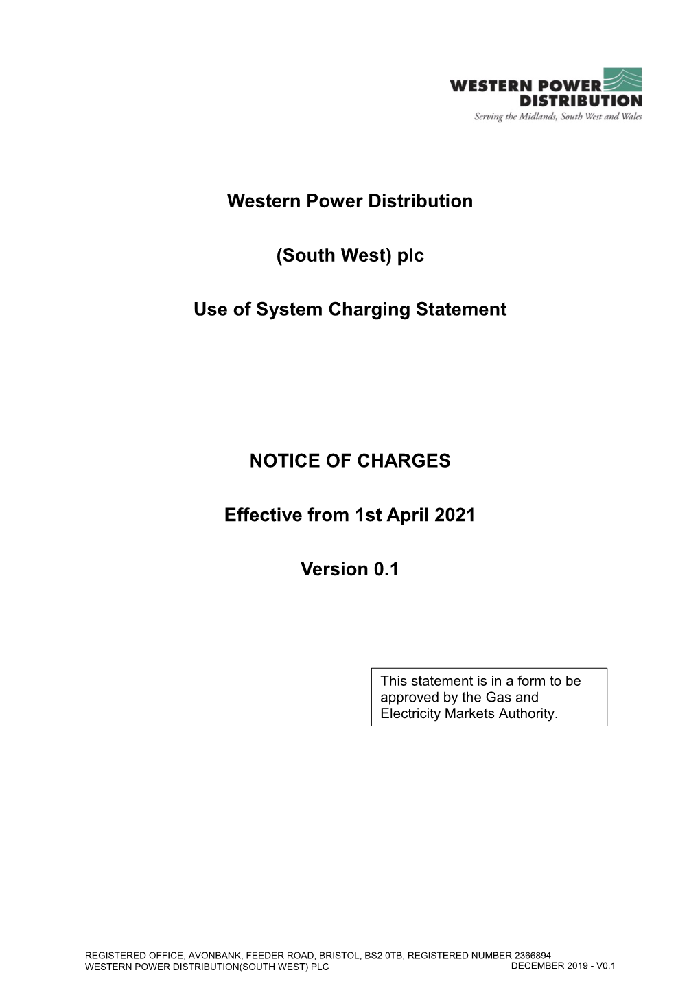 Western Power Distribution (South West) Plc Use of System Charging
