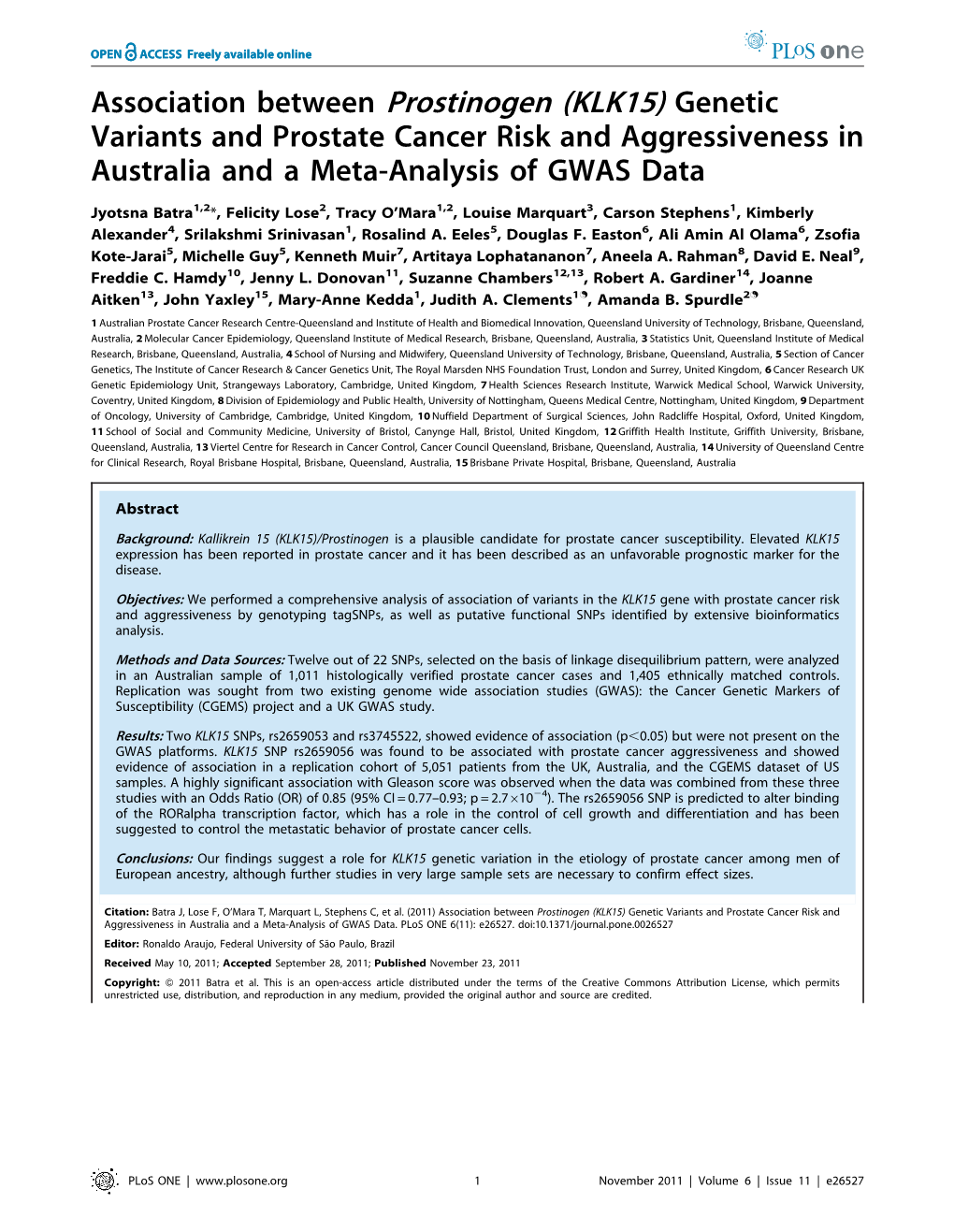 Association Between Prostinogen (KLK15) Genetic Variants and Prostate Cancer Risk and Aggressiveness in Australia and a Meta-Analysis of GWAS Data