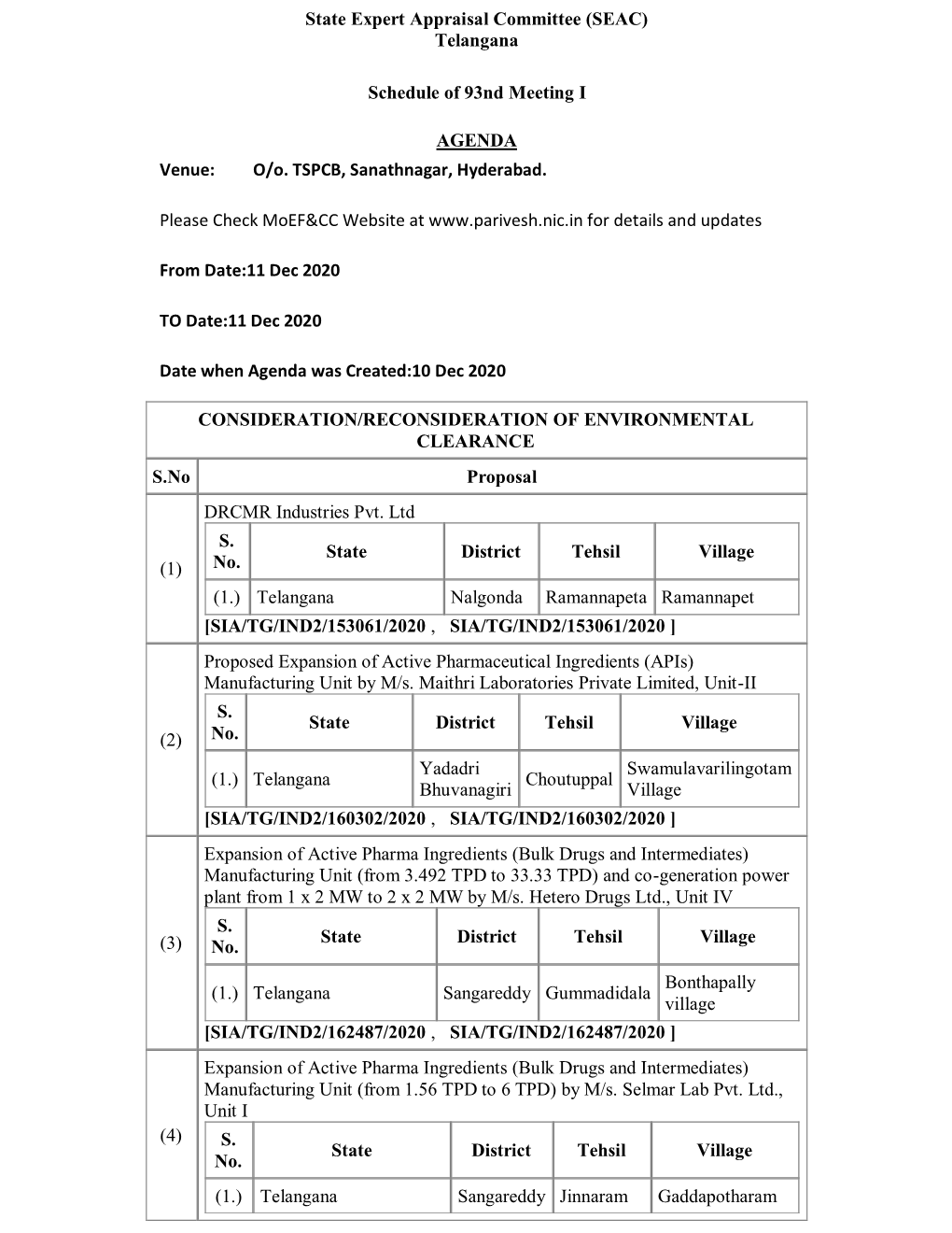 Telangana Schedule of 93Nd Meeting I