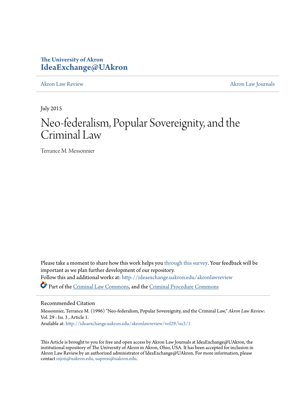 Neo-Federalism, Popular Sovereignity, and the Criminal Law Terrance M