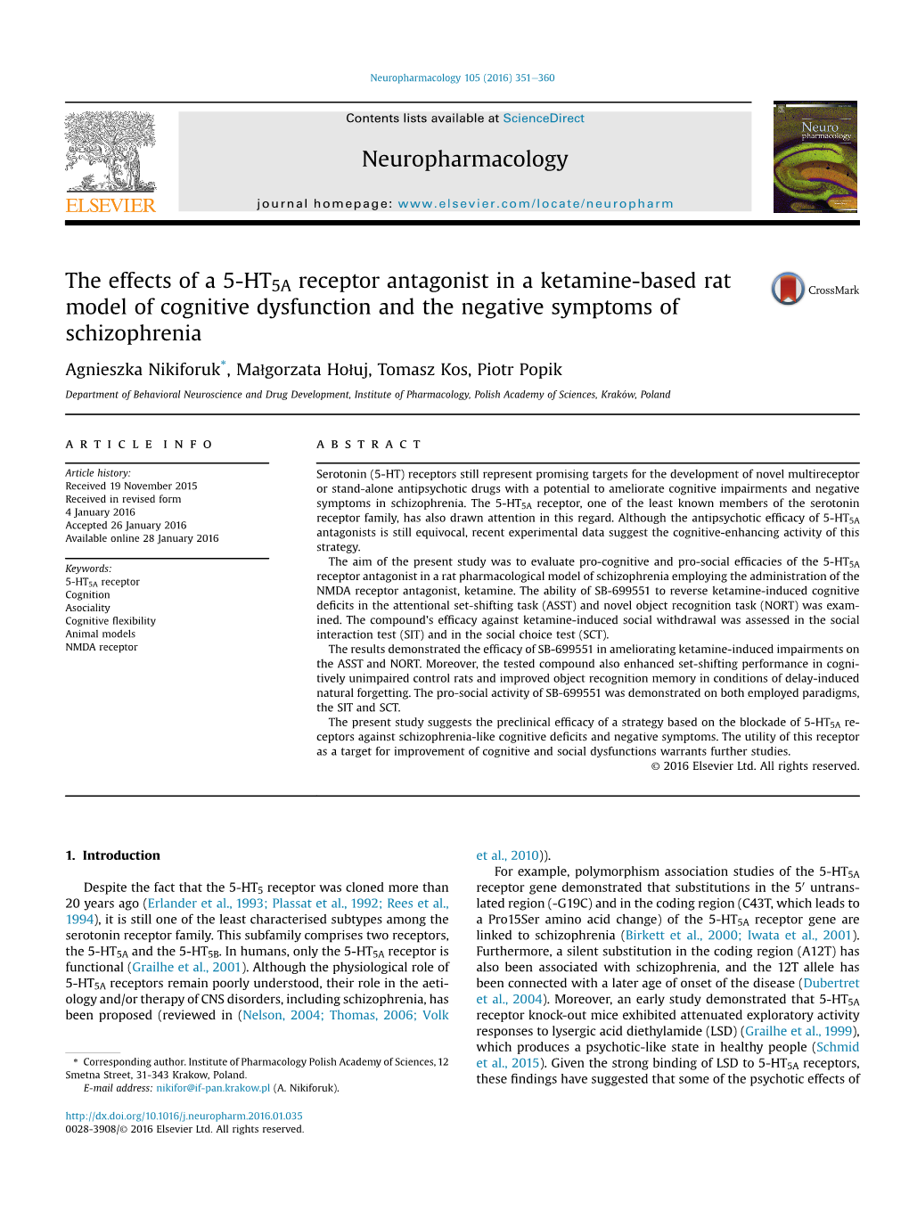 The Effects of a 5-HT5A Receptor Antagonist in a Ketamine-Based Rat Model of Cognitive Dysfunction and the Negative Symptoms of Schizophrenia