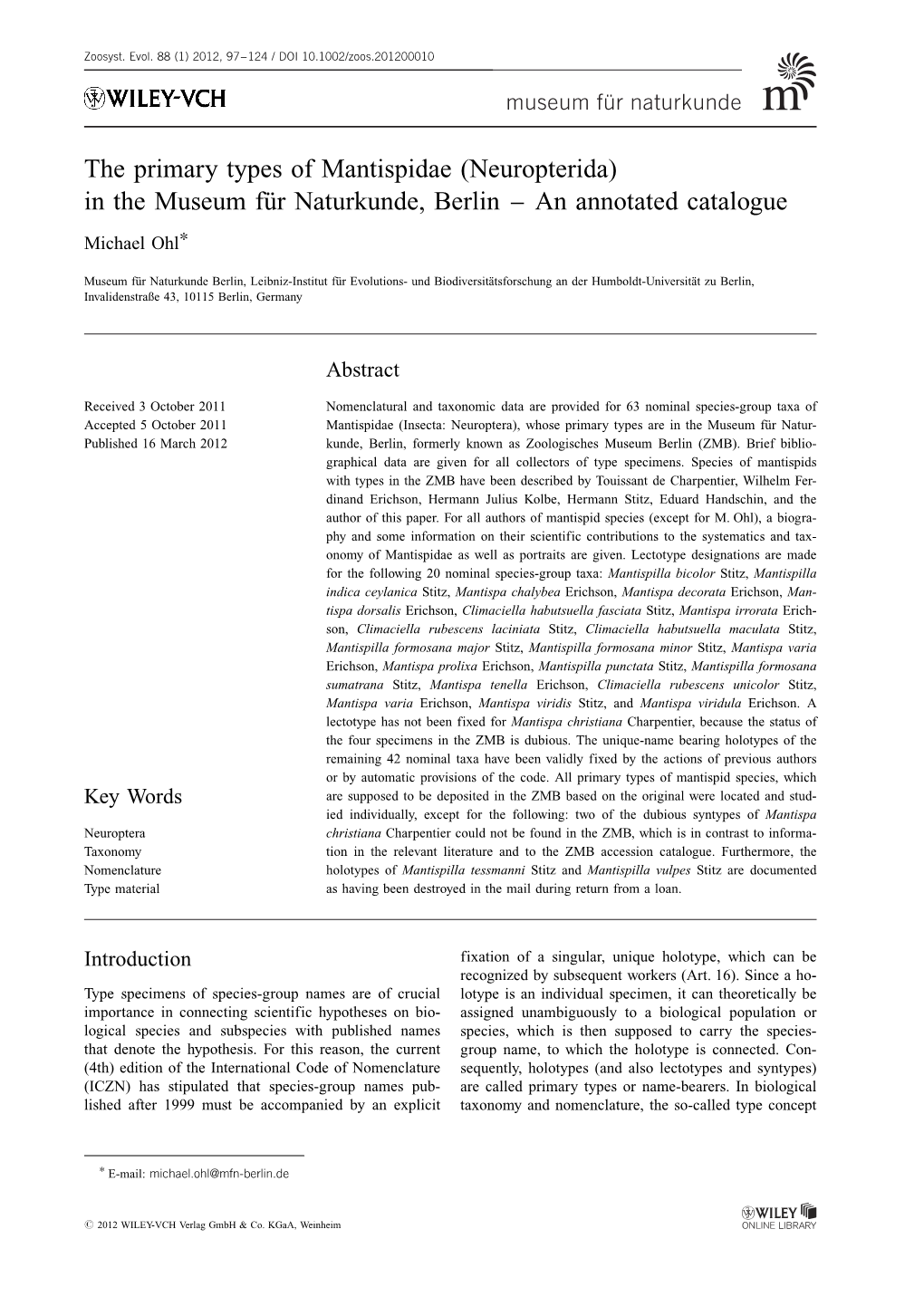 Neuropterida) in the Museum F�R Naturkunde, Berlin – an Annotated Catalogue