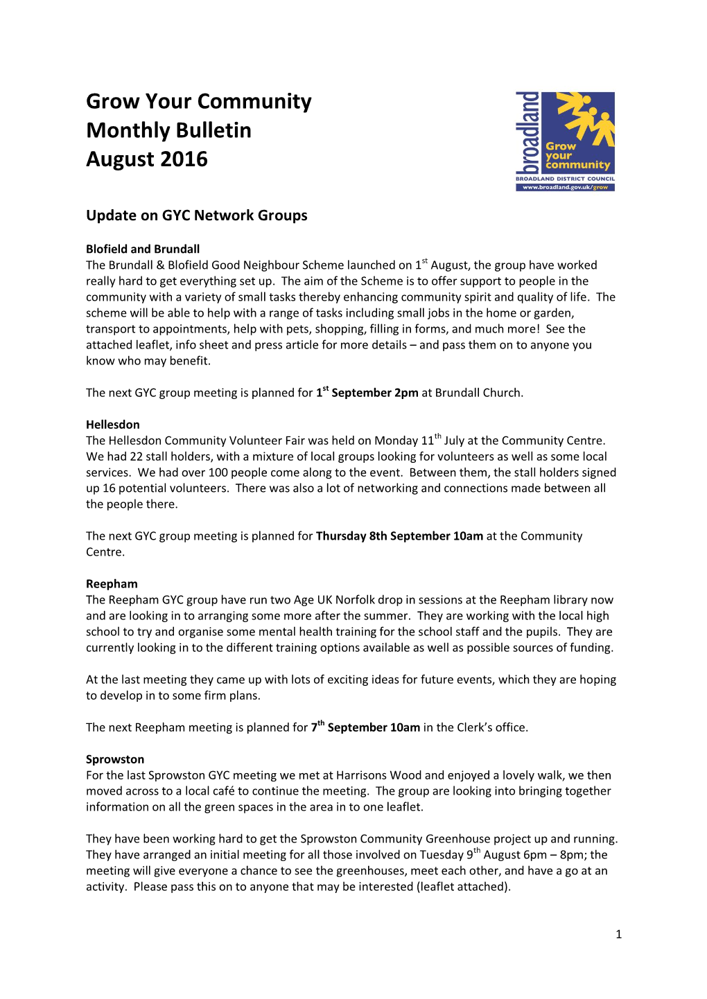 Grow Your Community Monthly Bulletin August 2016