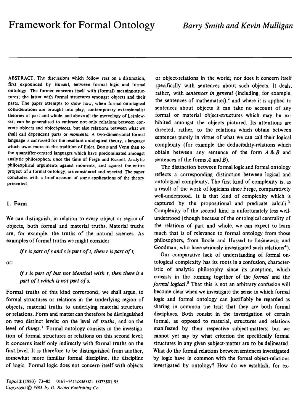 Framework for Formal Ontology Barry Smith and Kevin Mulligan