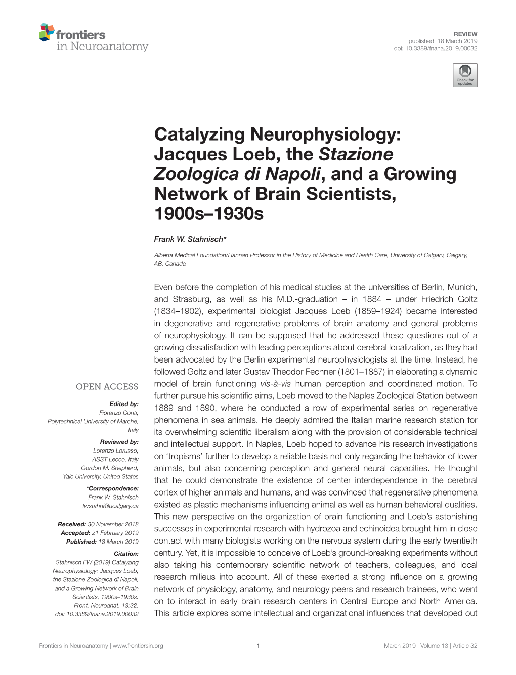 Jacques Loeb, the Stazione Zoologica Di Napoli, and a Growing Network of Brain Scientists, 1900S–1930S