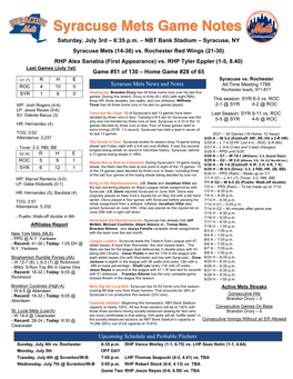 July 3Rd Syracuse Mets Game Notes Vs. Rochester Red Wings