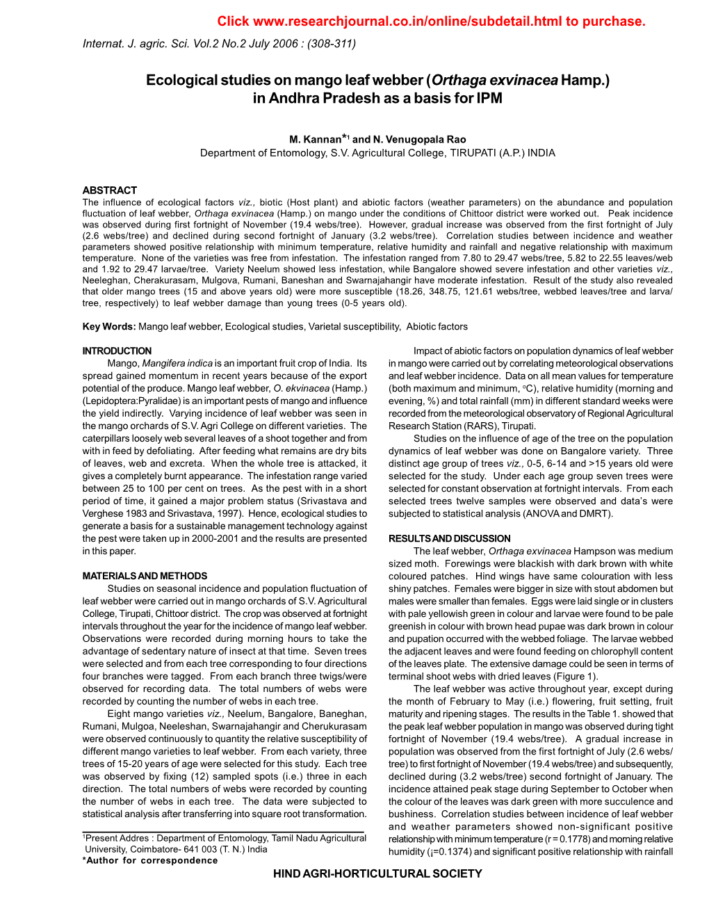 Ecological Studies on Mango Leaf Webber (Orthaga Exvinaceahamp