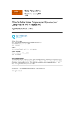 China Perspectives, 63 | January - February 2006 China’S Outer Space Programme: Diplomacy of Competition Or Co-Operation? 2