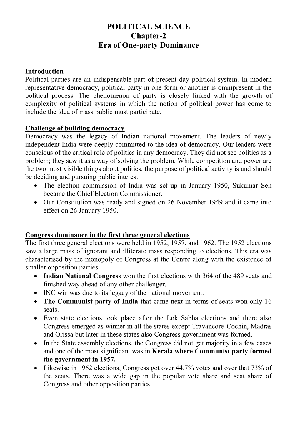 POLITICAL SCIENCE Chapter-2 Era of One-Party Dominance