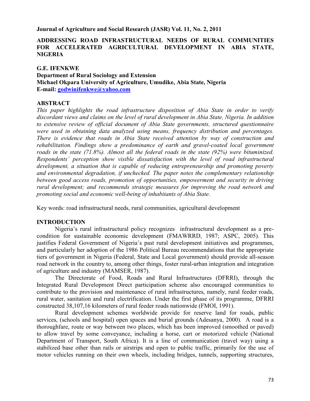 Journal of Agriculture and Social Research (JASR) Vol. 11, No. 2