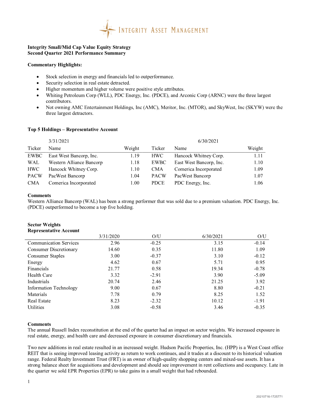 Integrity SMID Cap Value Strategy Commentary