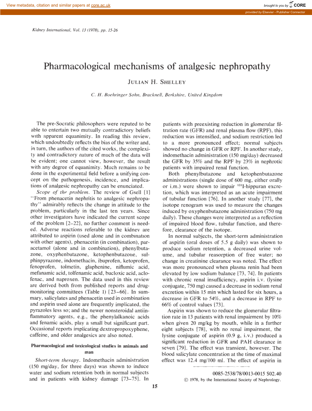 Pharmacological Mechanisms of Analgesic Nephropathy JULIAN H